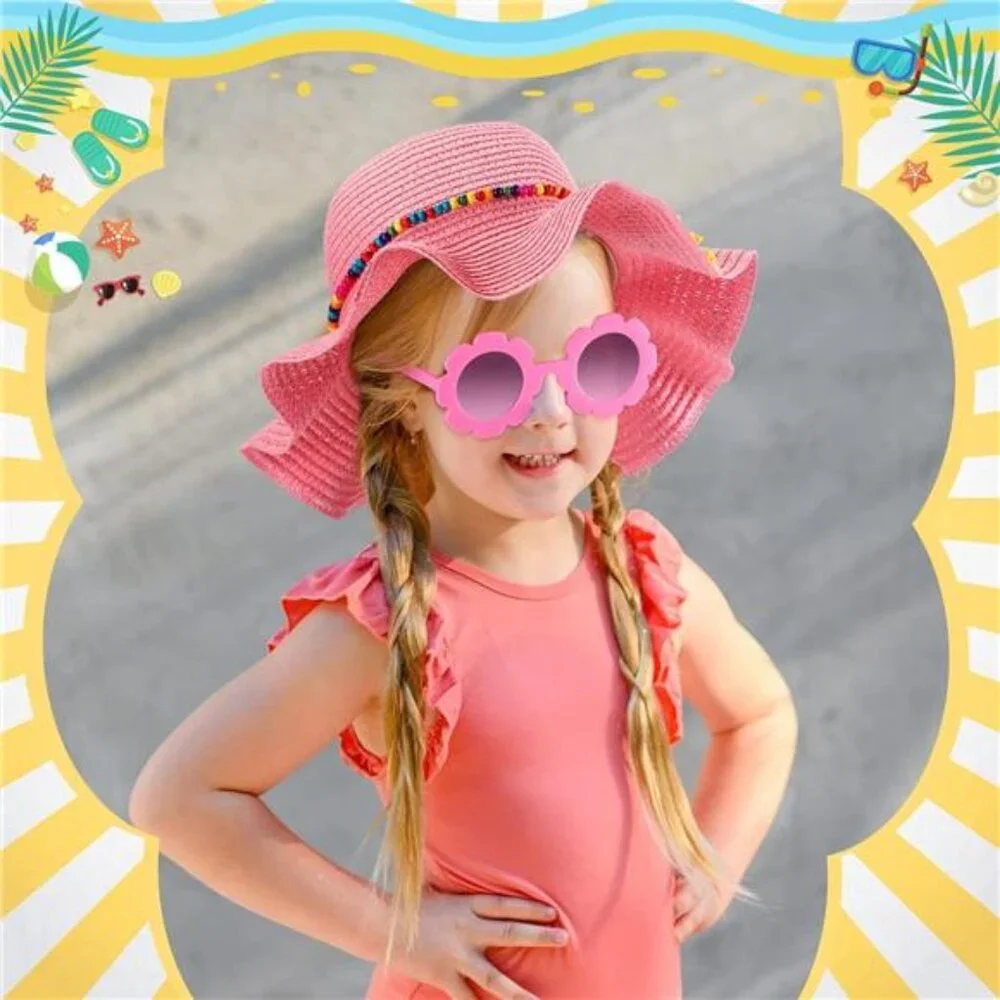 Summer Straw Hat for Girls Large Brim Sunflower Beach Hat Cute Flower Sunglasses